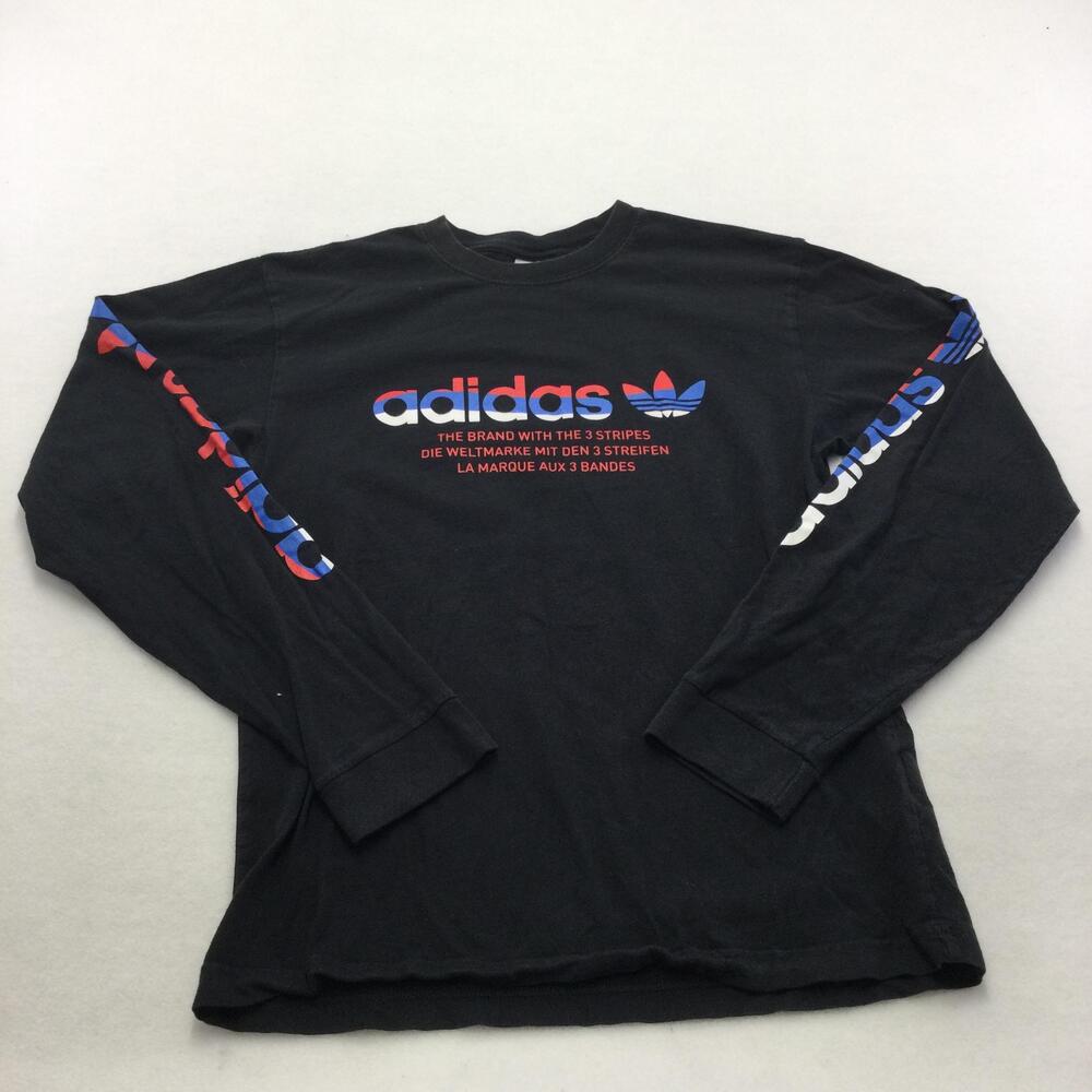 Adidas Shirt Mens Small Black Long Sleeve Trefoil Logo Graphic Tee Three Stripe